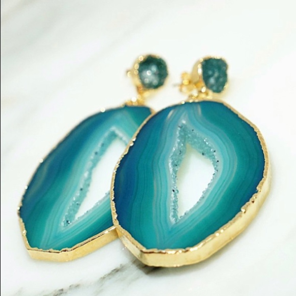Gold Plated Geo Druzy Gem Earrings Green Pink